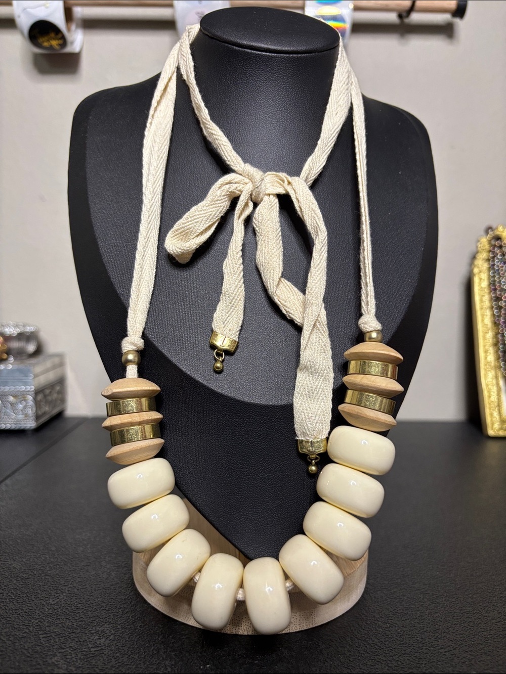 Chunky Boho Resin Neutral Cream Beaded Statement Necklace with Gold Accents